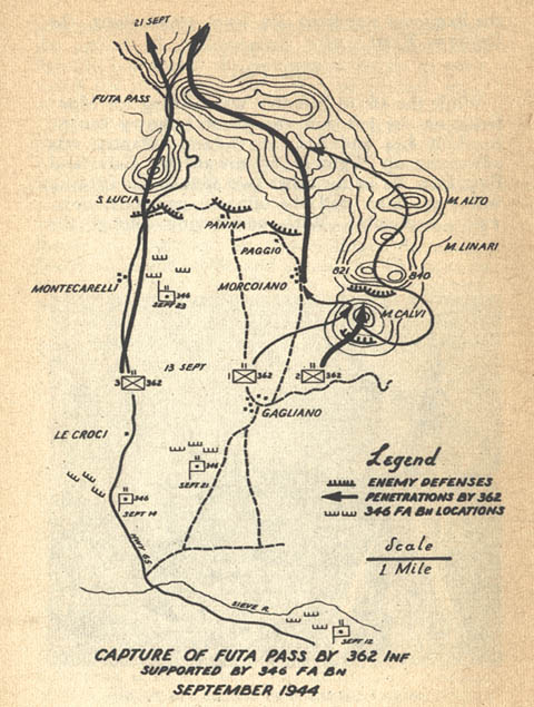 [Map Capture of Futa Pass by 362 Inf supported by 346 FA Bn September 1944]